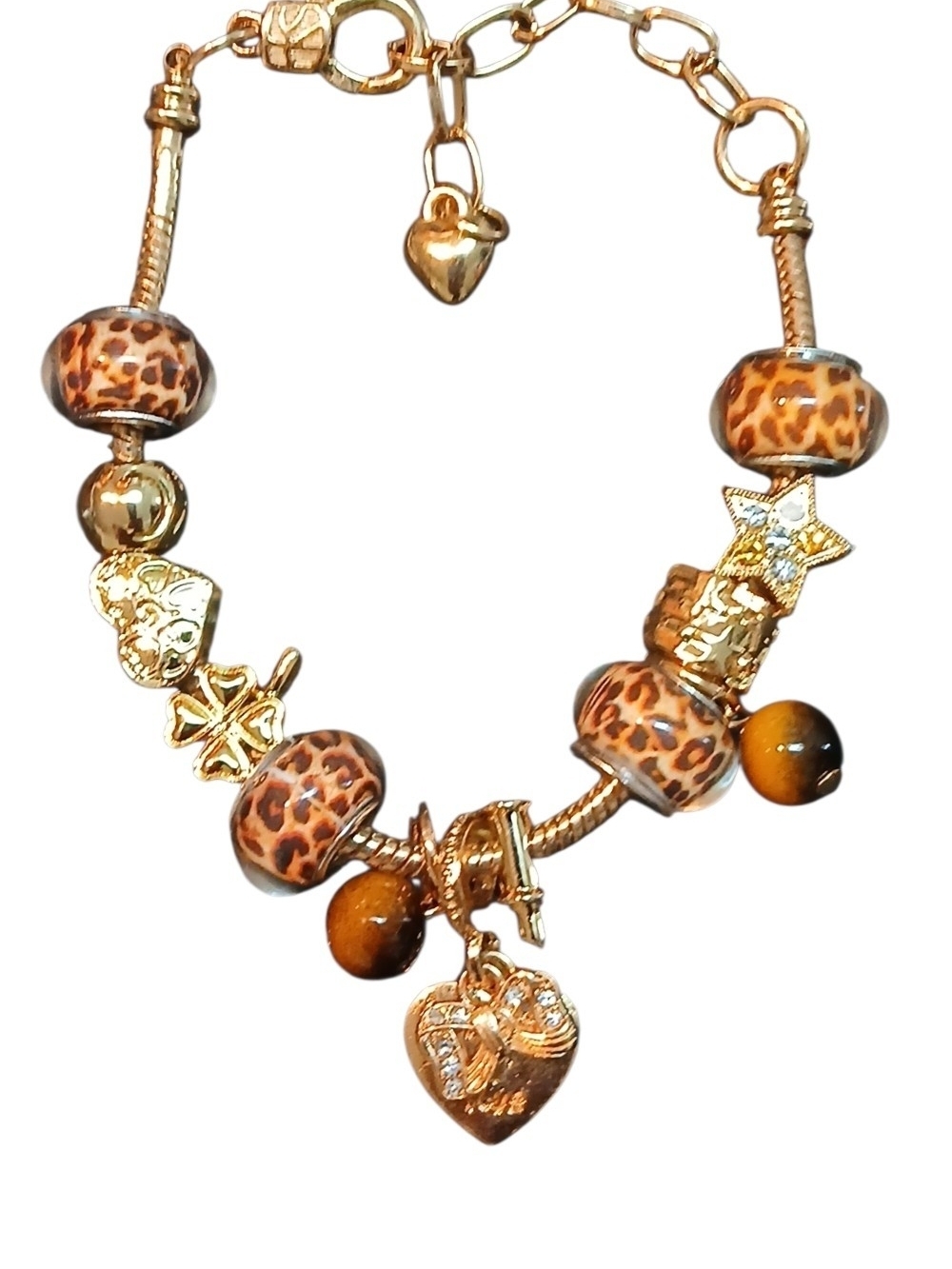 Trinket Store -Gold Colored Charm Bracelet.4 Leopard Colored Accents, 3 Hearts +